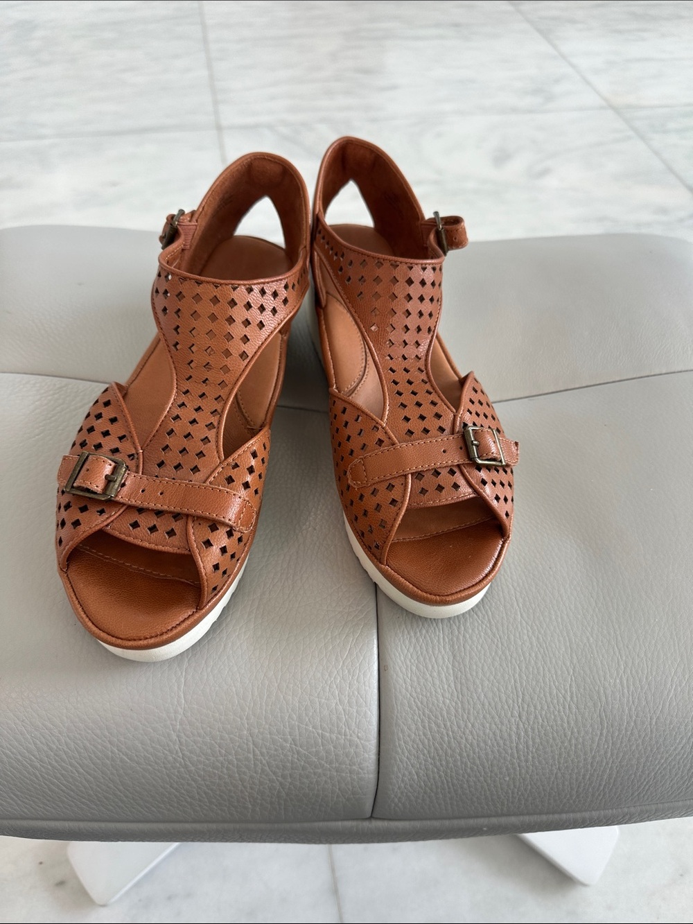Women's Tan Perforated Buckle Wedge Sandals - Picture 2 of 9